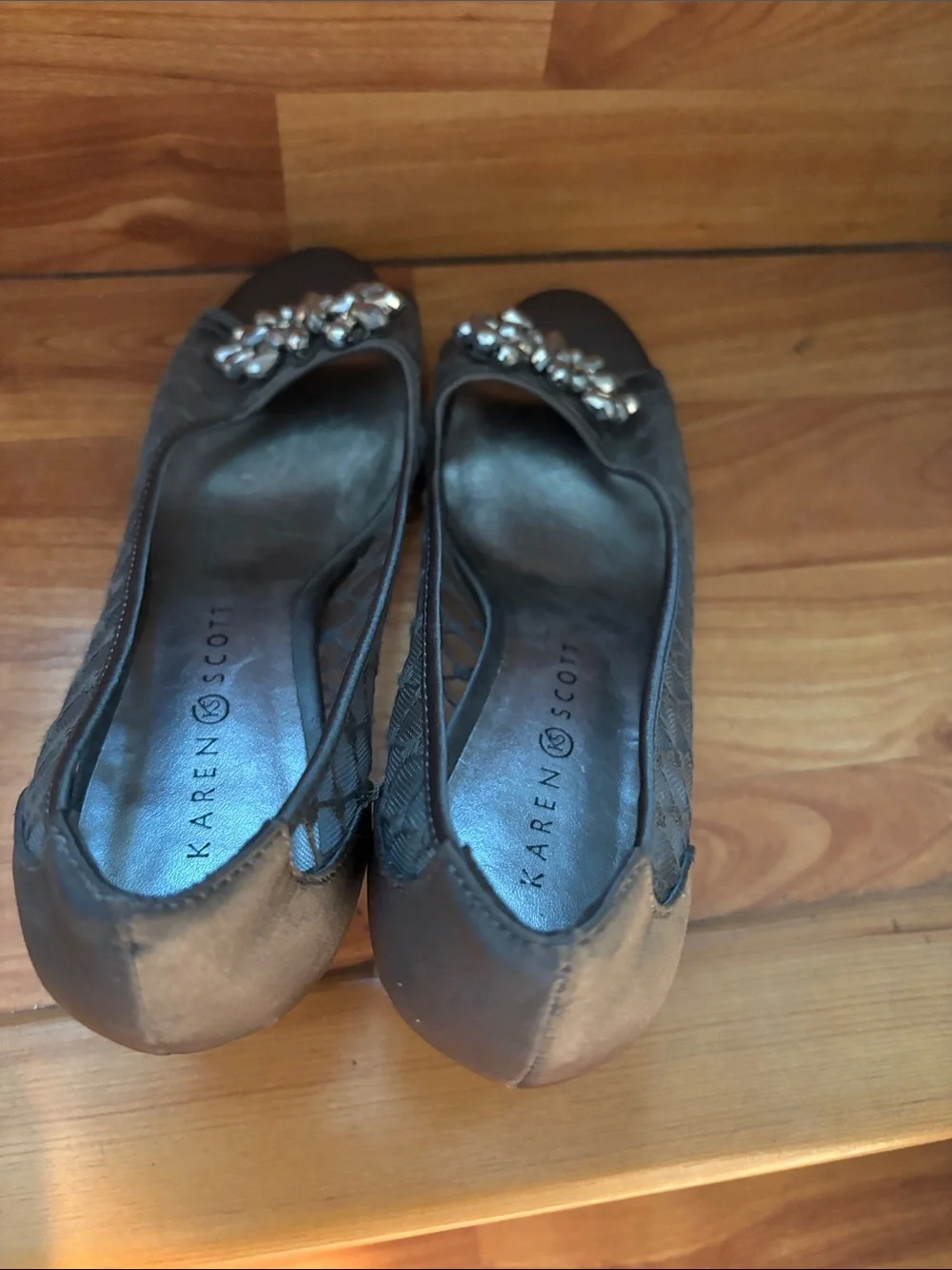 Karen Scott Taupe Lace Peep-Toe Heels with Crystal Cluster